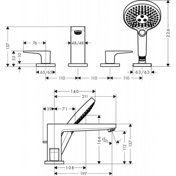 Смеситель для ванны Hansgrohe Metropol на 4 отверстия (74553000)