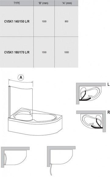 Шторка для ванны Ravak CVSK1 160/170 transparent сатин правосторонняя