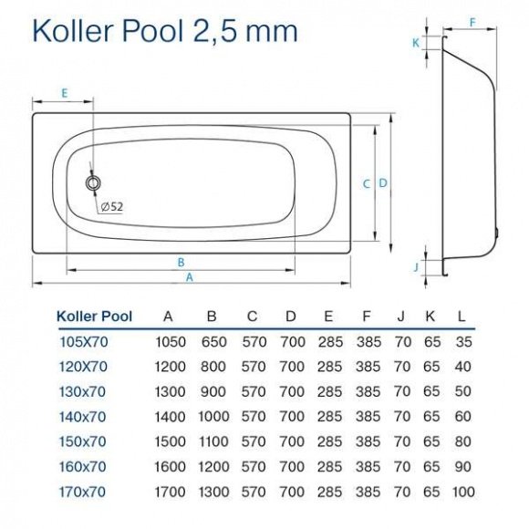 Ванна стальная Koller Pool Steel 150х70E прямоугольная (B50E1200E)