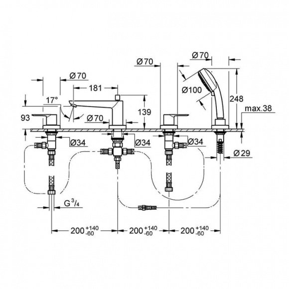 Смеситель для ванны Grohe BauEdge на 4 отверстия (2512000A)