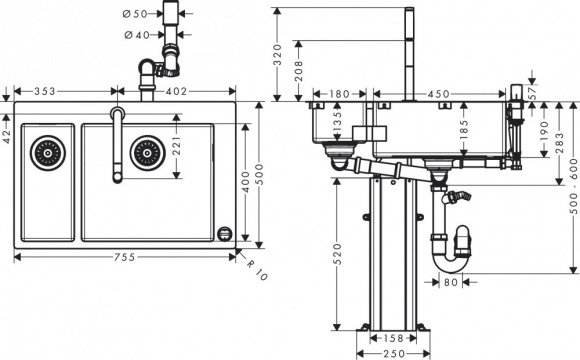 Кухонный комплект мойка со смесителем Hansgrohe C71-F655-09 (43206800)