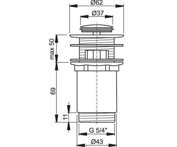 Донный клапан для умывальника Alcaplast цельнометаллический с переливом (A391)