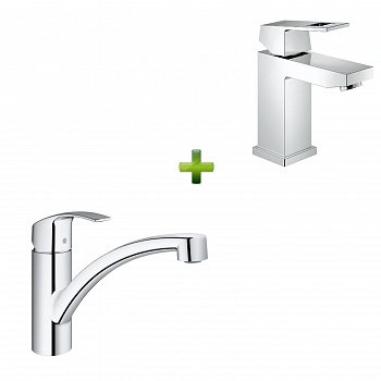 Смеситель для умывальника Grohe Eurocube + Смеситель кухонный Grohe Eurosmart New фото