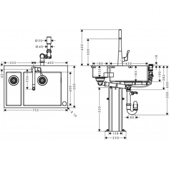 Кухонный комплект мойка со смесителем Hansgrohe C71-F655-04 (43210000)