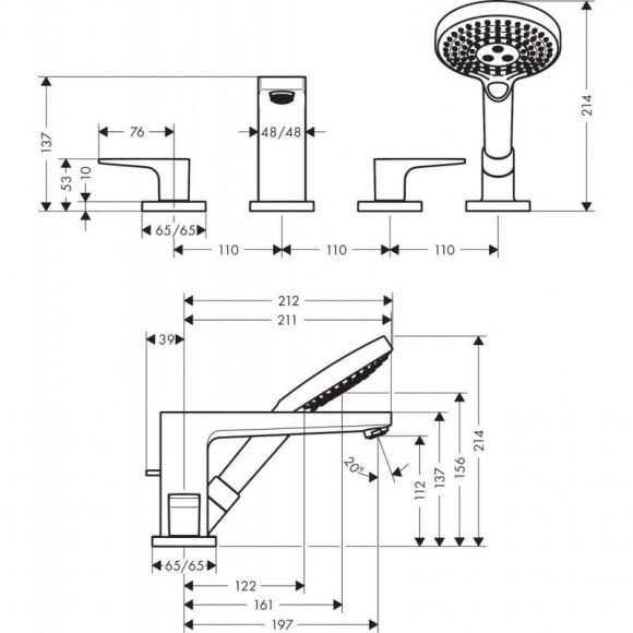 Смеситель для ванны Hansgrohe Metropol на 4 отверстия (74552000)