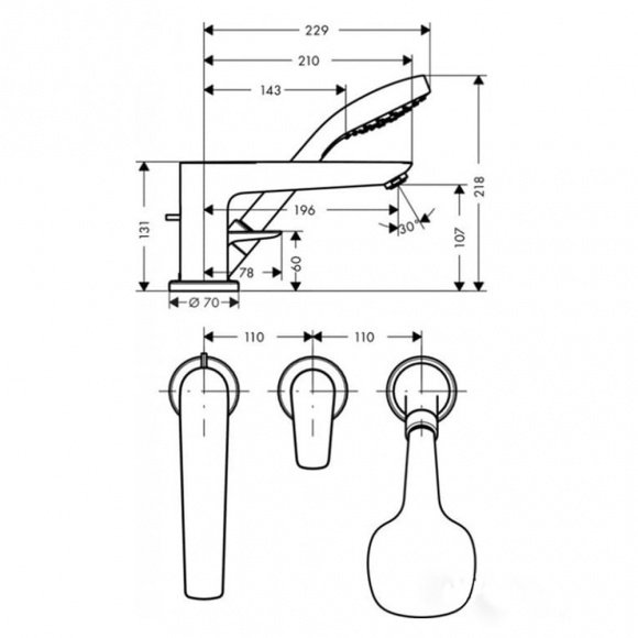 Смеситель для ванны Hansgrohe Talis E на 3 отверстия + Скрытая часть смесителя для ванны Hansgrohe на 3 отверстия