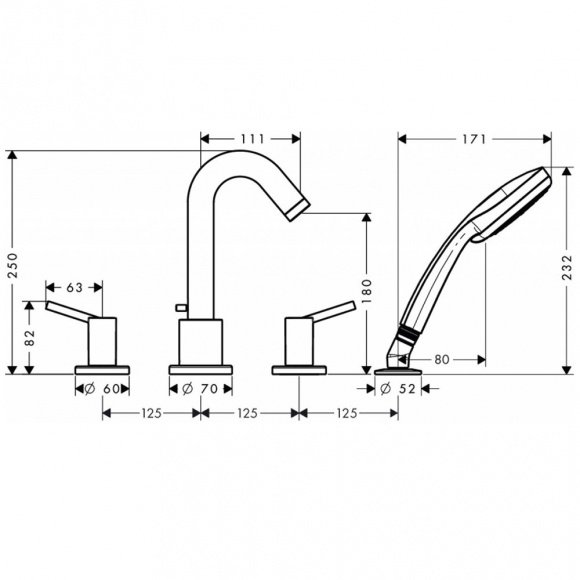 Смеситель для ванны Hansgrohe Talis хром + Скрытая часть смесителя для ванны Hansgrohe ВЧ на 4 отверстия на борт