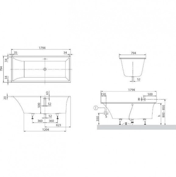 Ванна акриловая Villeroy&Boch Squaro Slim 180х80 прямоугольная + ножки (UBQ180SQS2V-01)