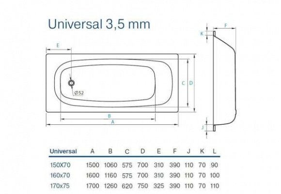 Ванна стальная Koller Pool Universal 150x70 прямоугольная (B50HAH00E+APMROS100)