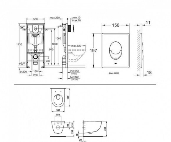 Инсталляционная система Grohe 38721001 + подвесной унитаз без ободка с крышкой Soft Close (3872H966)