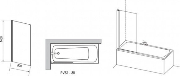Неподвижная шторка для ванны Ravak PVS1-80 черный transparent
