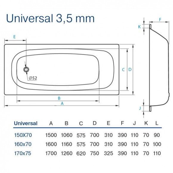 Ванна стальная Koller Pool Universal 160x70 прямоугольная (B60HAH00E+APMROS100)