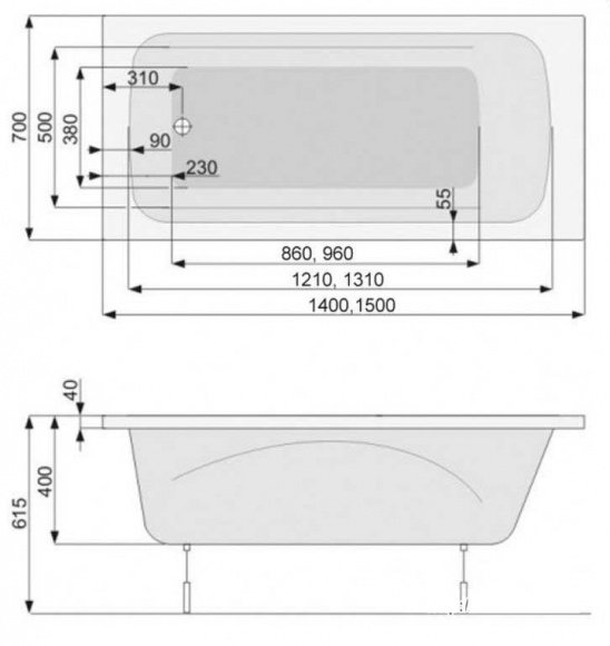 Ванна акриловая Pool Spa Klio 150x70 прямоугольная + ножки (PWP6510ZN000000)
