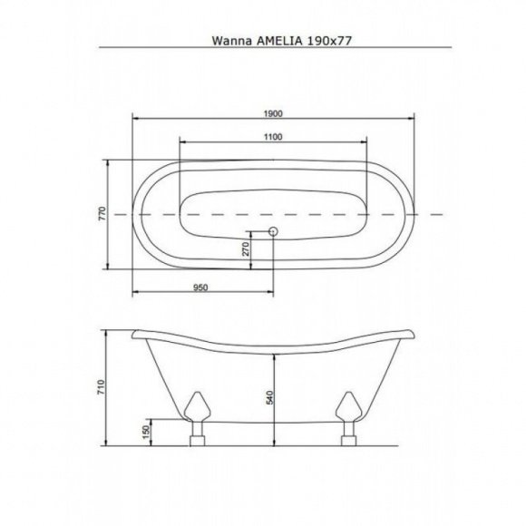 Ванна акриловая Besco отдельностоящая AMELIA ретро 190х77 с бронзовыми ножками (00000007830)
