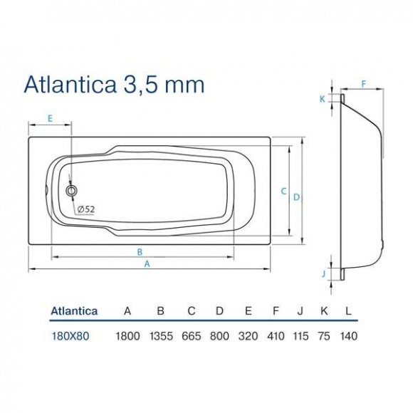 Ванна стальная Koller Pool Atlantica 180x80 прямоугольная anti-slip (B80JTI00E+APMROS100+FRESH)