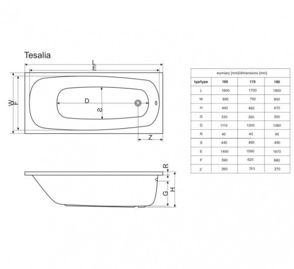Ванна прямоугольная Radaway Tesalia 180x80 + ножки (WA1-06-180x080U)