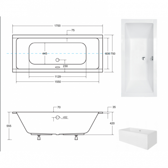 Ванна акриловая Besco QUADRO SLIM 170х75 (NAVARA28564)