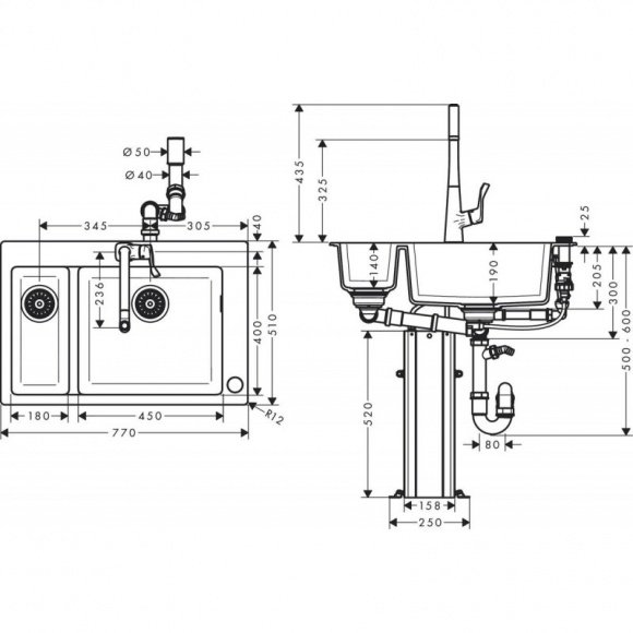 Кухонный комплект мойка со смесителем Hansgrohe C51-F635-04 (43215000)