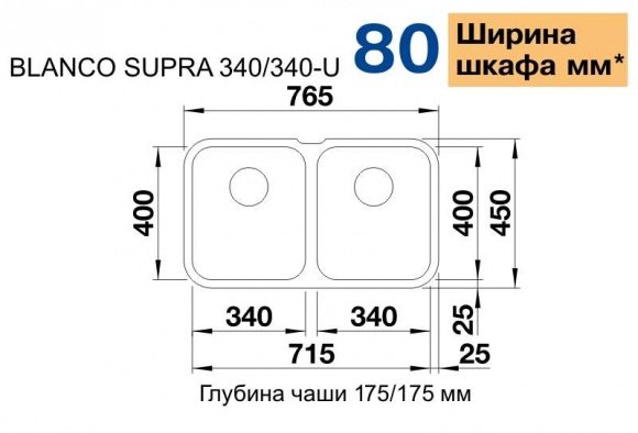 Кухонная мойка Blanco Supra 340/340-U нерж. сталь полированная(519716)