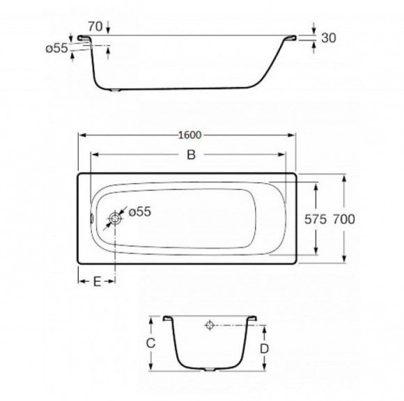 Ванна стальная Roca Contesa 160x70 прямоугольная + ножки (A235960000+A291021000)