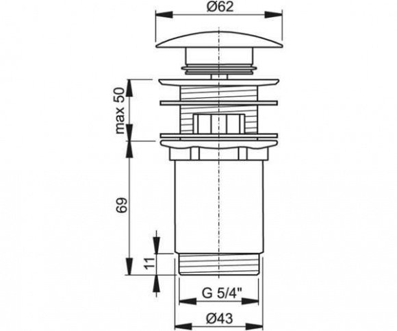 Донный клапан для умывальника Alcaplast цельнометаллический с переливом (A392)