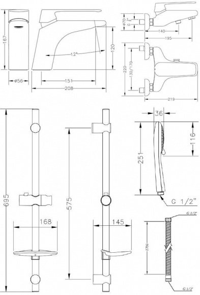 Набор смесителей для ванны и умывальника Genebre Kode со штангой (04KOV17TA)