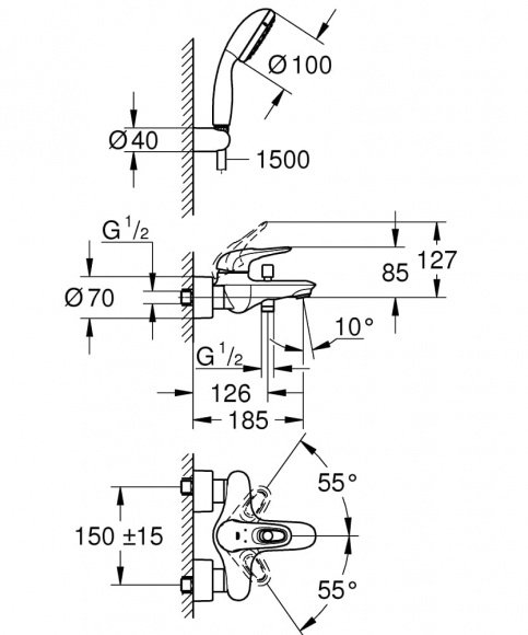 Смеситель для ванны Grohe Eurostyle с душевым набором (3359230A)