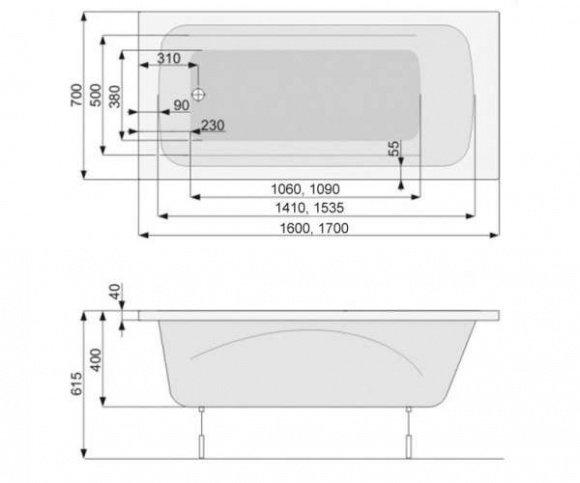 Ванна акриловая Pool Spa Klio 160x70 прямоугольная + ножки (PWP6610ZN000000)